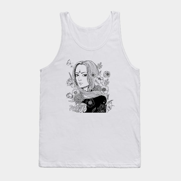 Floral Girl Line Art. Flowers Art, Black and White Girl Art Tank Top by EquilibriumArt